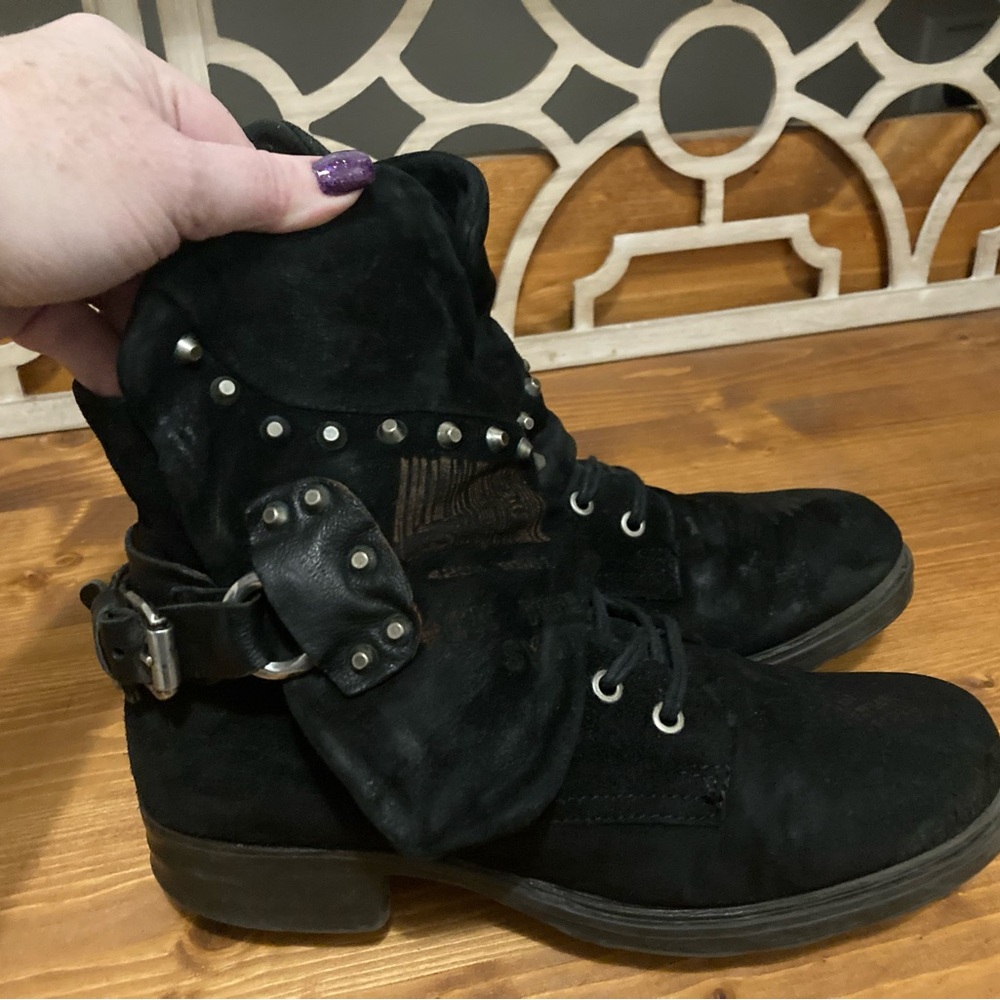 Black AS98 Be As You Are Rare Combat Moto Boots with Studs and Buckle